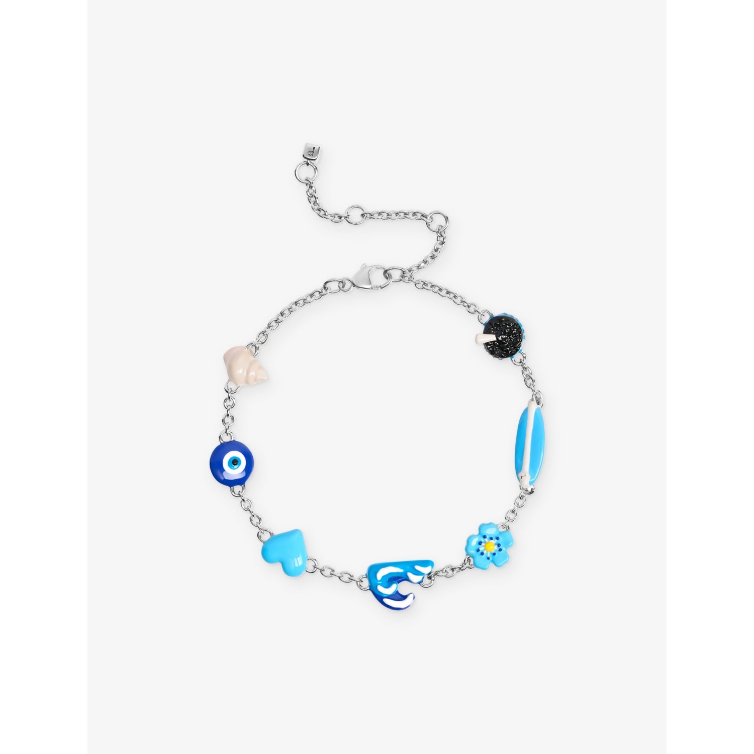 Poubel sterling silver charm bracelet with sea-inspired charms, imported from the UK