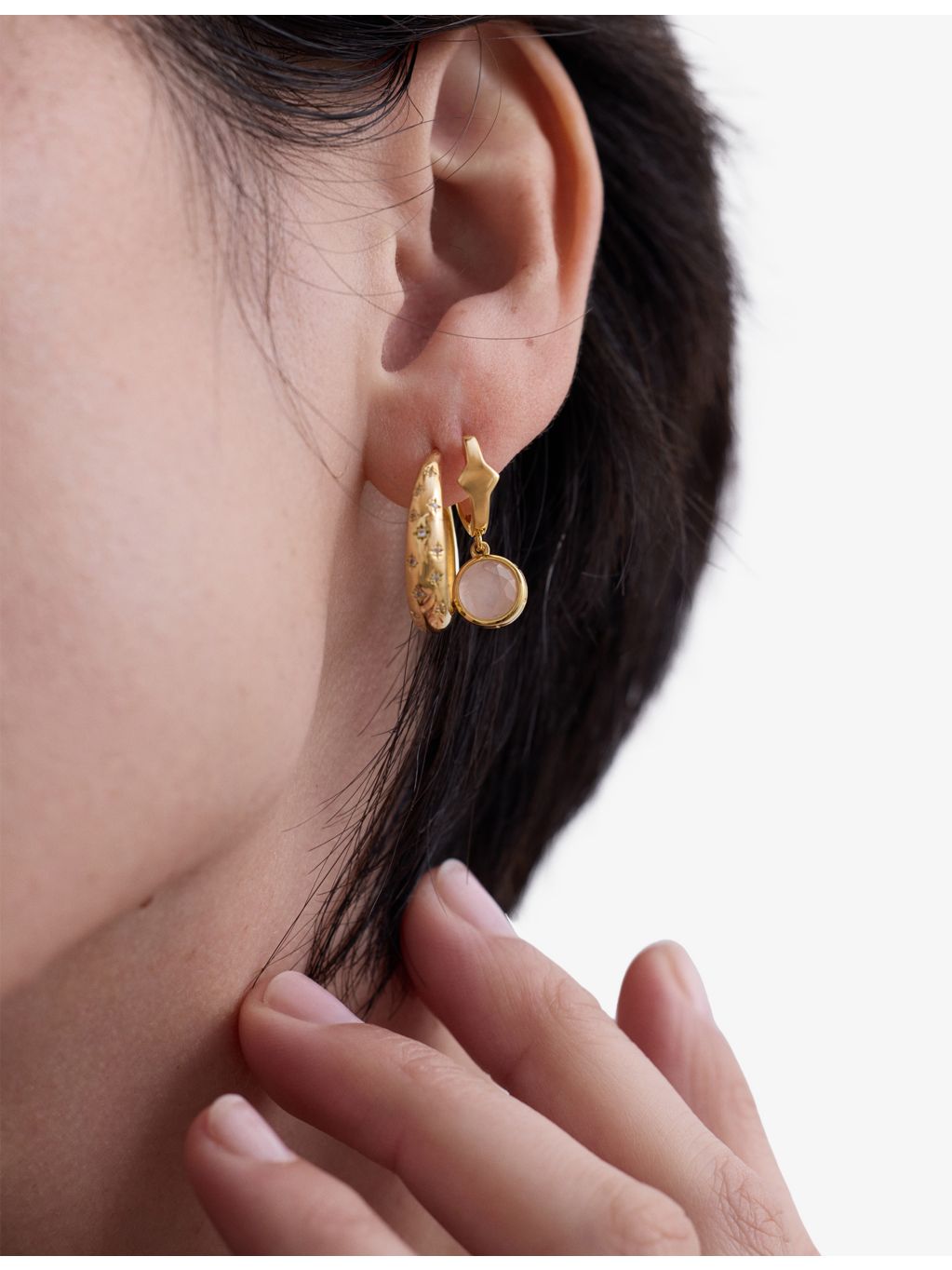 Astley Clarke pink quartzite huggie earrings, UK version