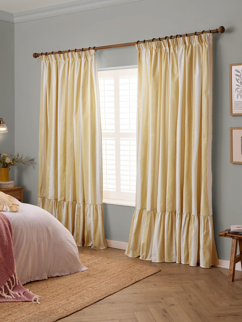 Wylder Butter Yellow Birdie Stripe Ruffle Pencil Pleat Curtains