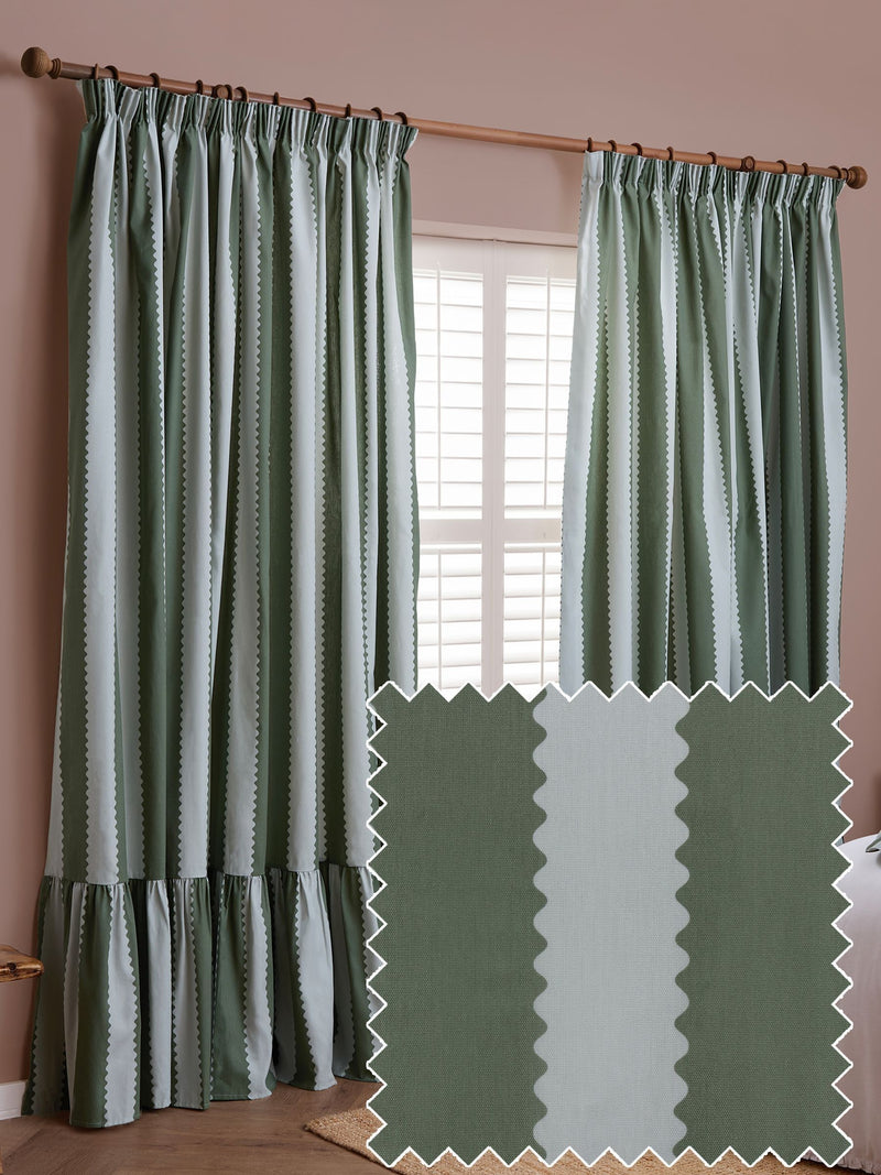 Wylder BaygreenMist Birdie Stripe ruffle pencil pleat curtains (British brand)