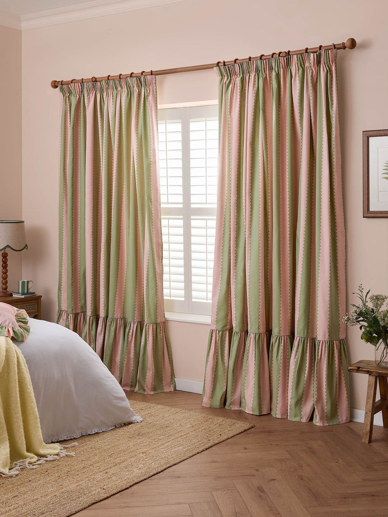Wylder PinkGreen Birdie Stripe Ruffle Pencil Pleat Curtains