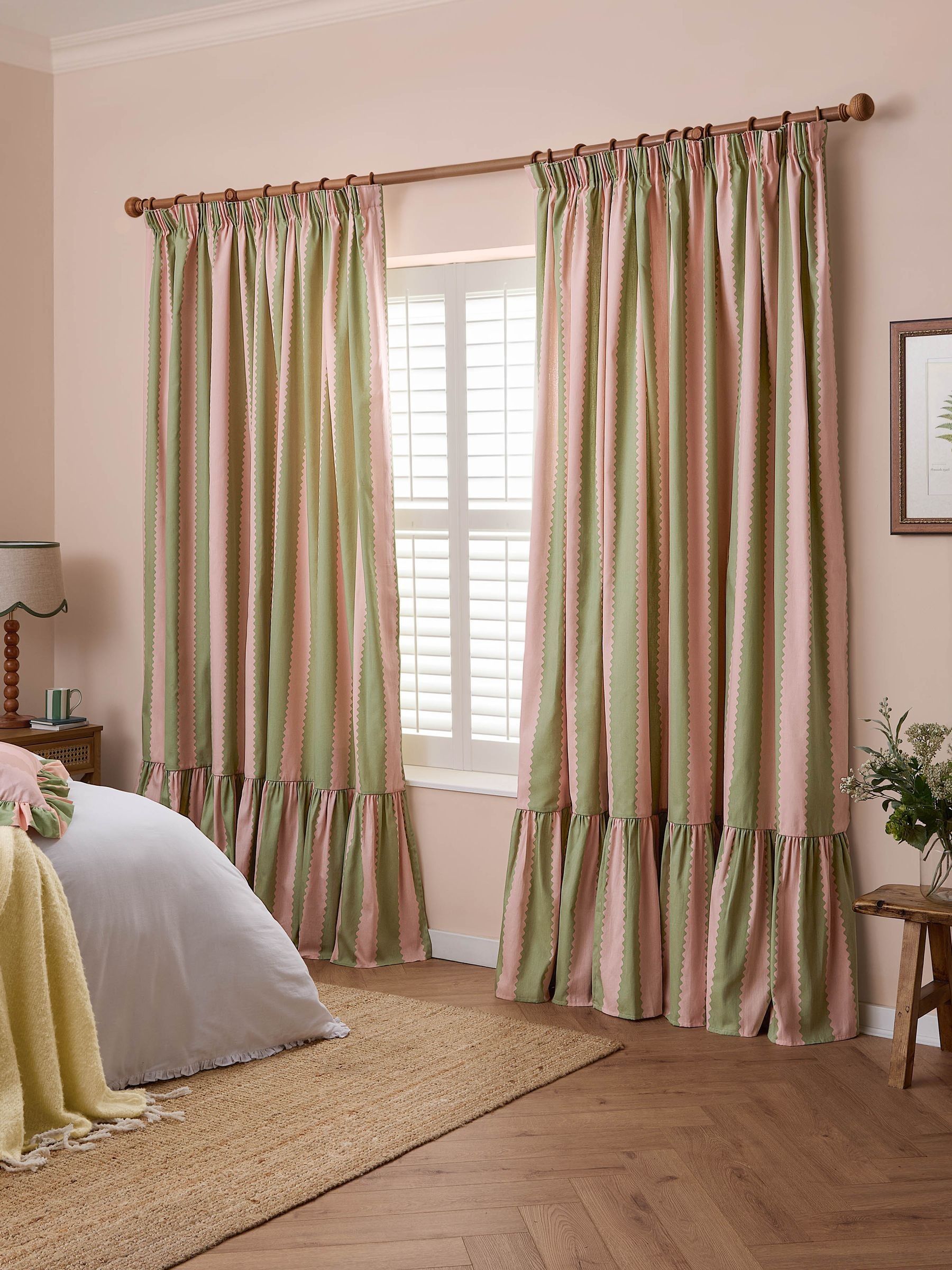 Wylder PinkGreen Birdie Stripe Ruffle Pencil Pleat Curtains