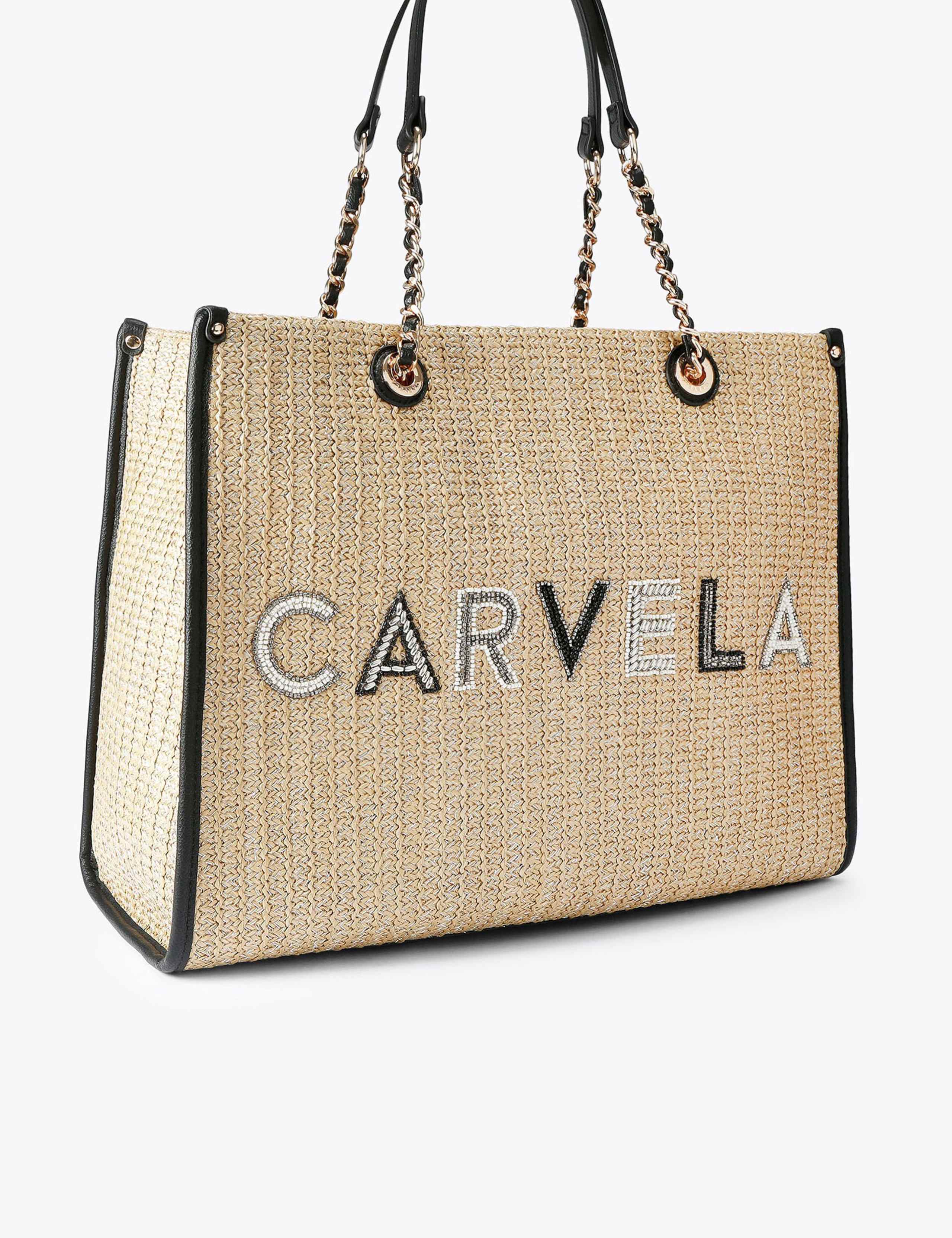 Carvela raffia beaded tote bag with gold-tone chain and pouch (British brand)