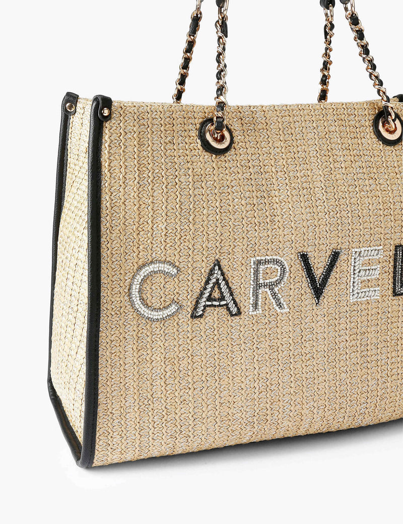 Carvela raffia beaded tote bag with gold-tone chain and pouch (British brand)
