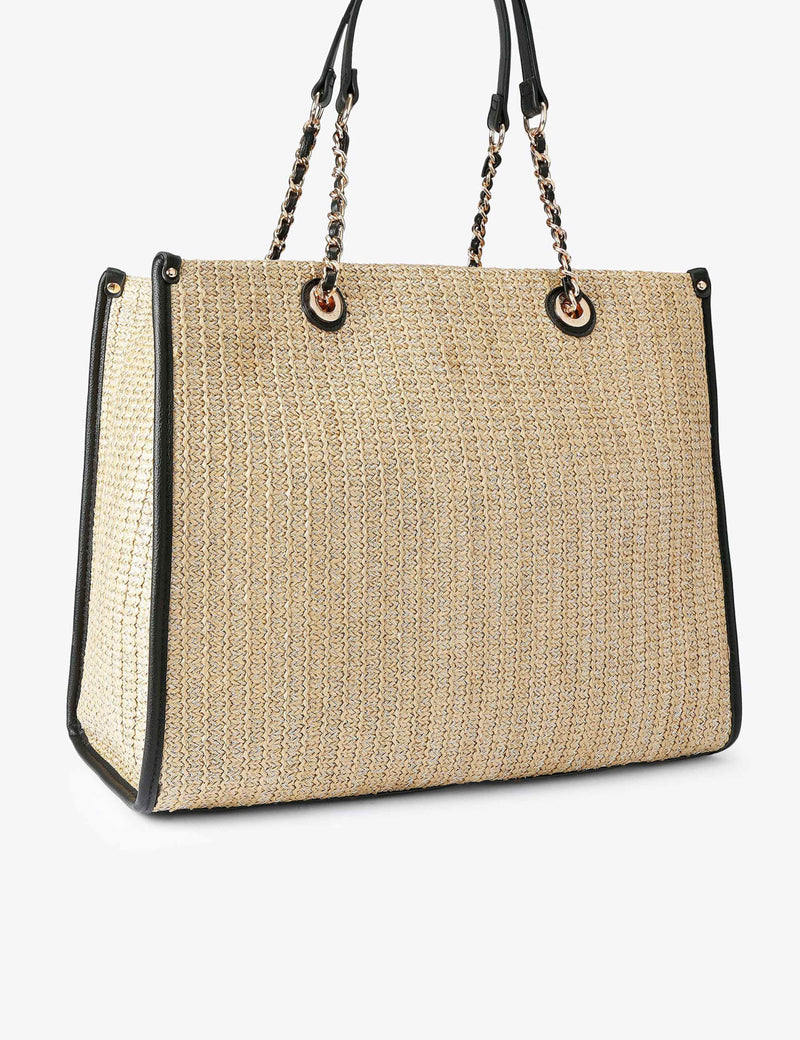 Carvela raffia beaded tote bag with gold-tone chain and pouch (British brand)
