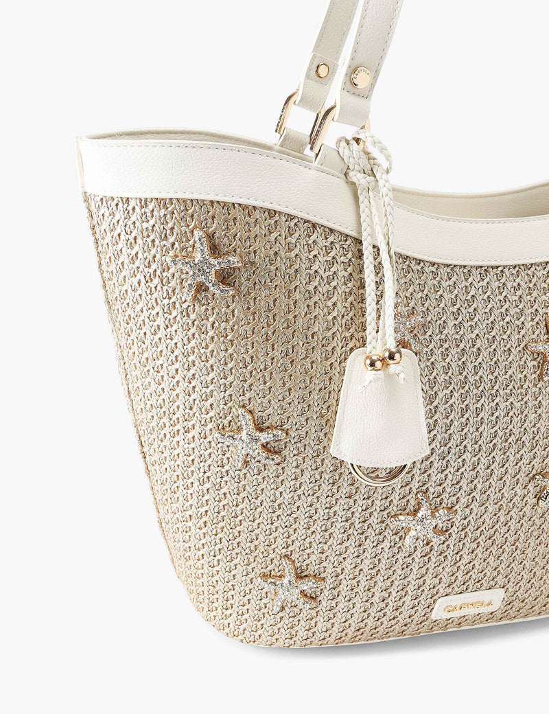 Carvela metallic starfish raffia tote bag, imported from the UK
