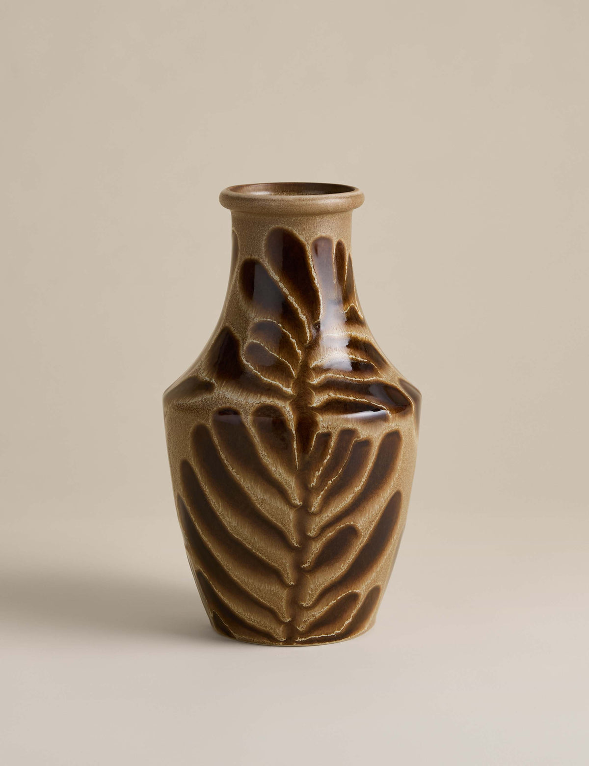 Ceramic vase with leaf detailing and reactive glaze, UK version