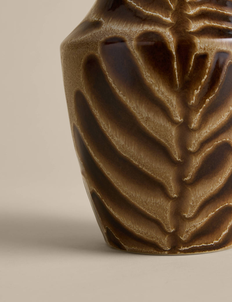 Ceramic vase with leaf detailing and reactive glaze, UK version