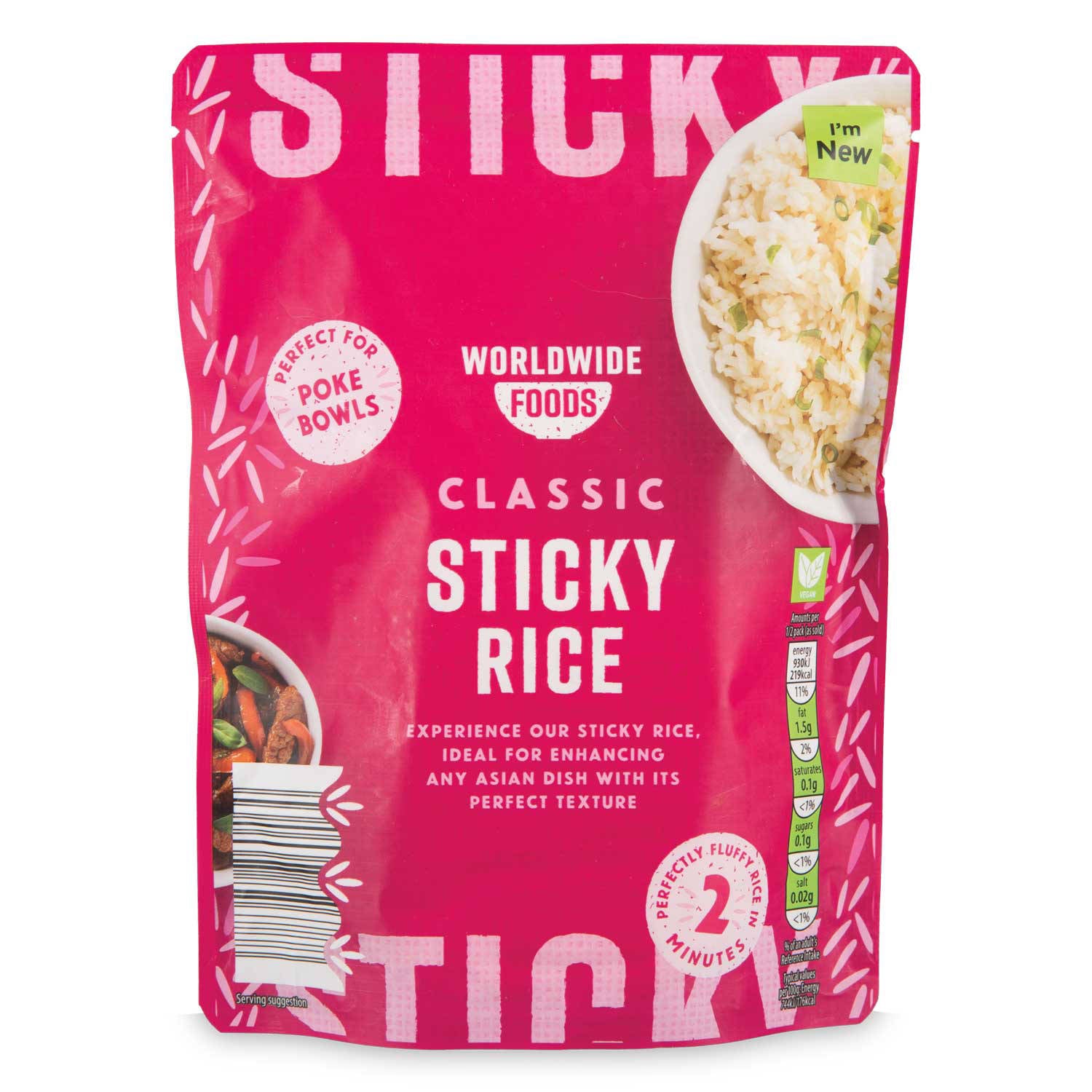 Sticky jasmine rice ready to heat and serve (British brand)