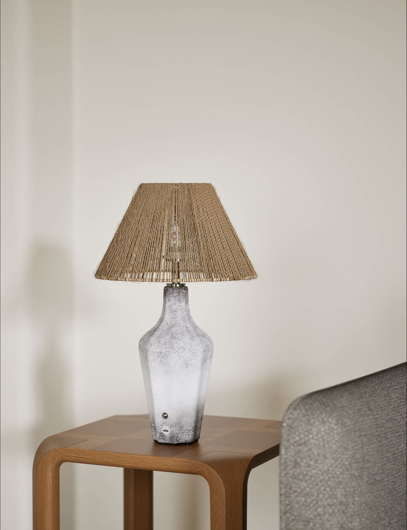 Rechargeable table lamp with ceramic base and jute shade, imported from the UK