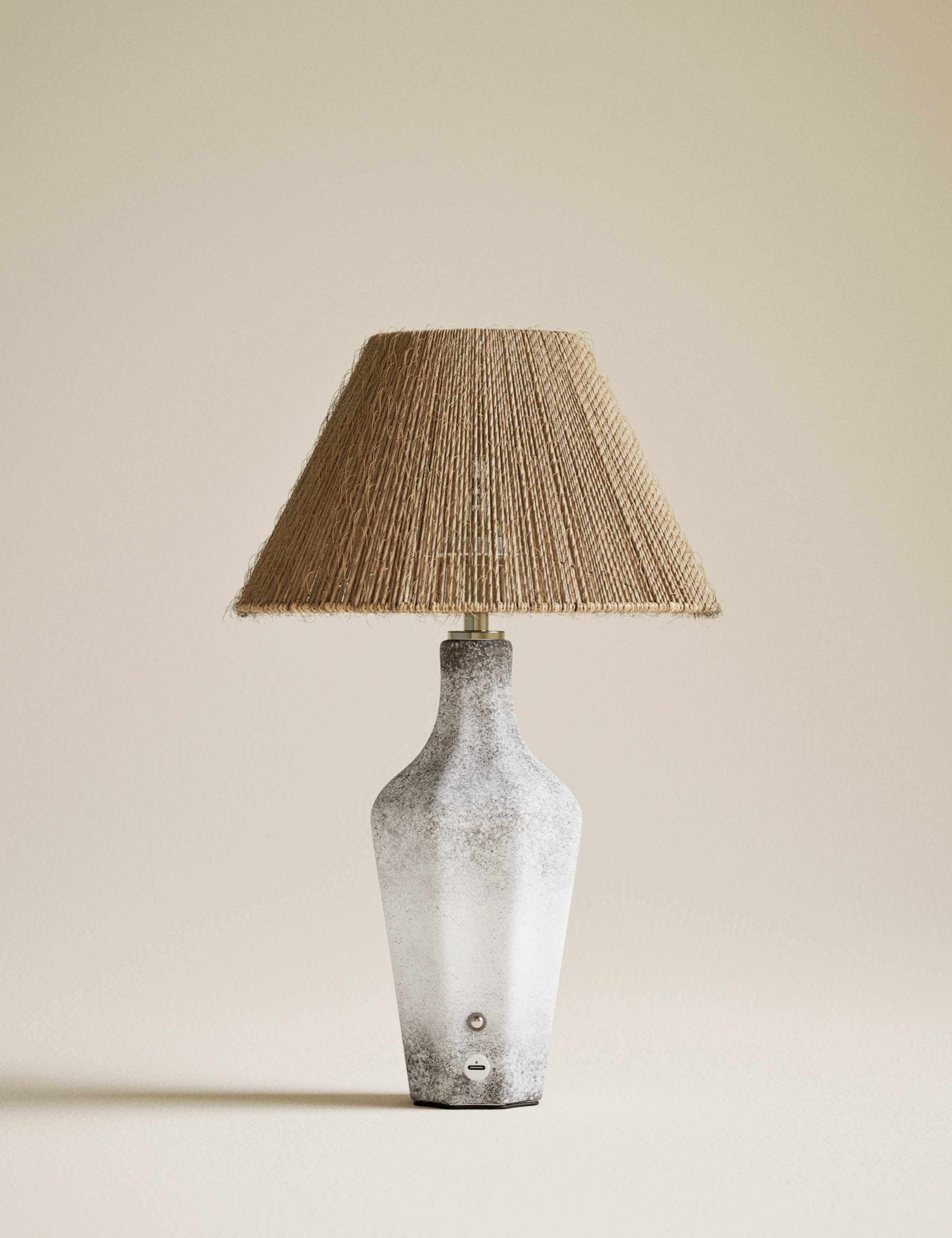 Rechargeable table lamp with ceramic base and jute shade, imported from the UK