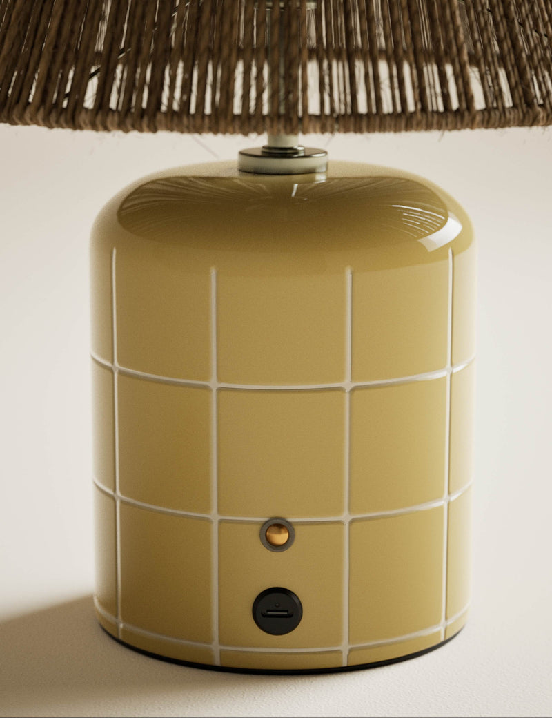 Rechargeable ceramic tile table lamp with jute shade - British product
