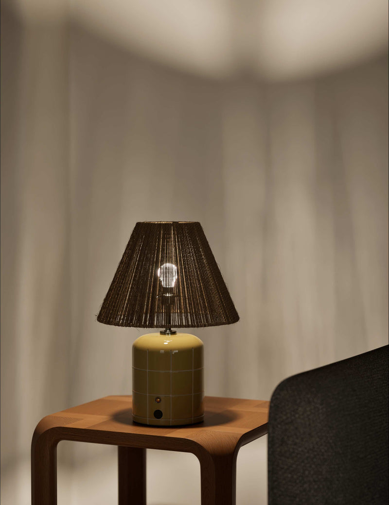 Rechargeable ceramic tile table lamp with jute shade - British product