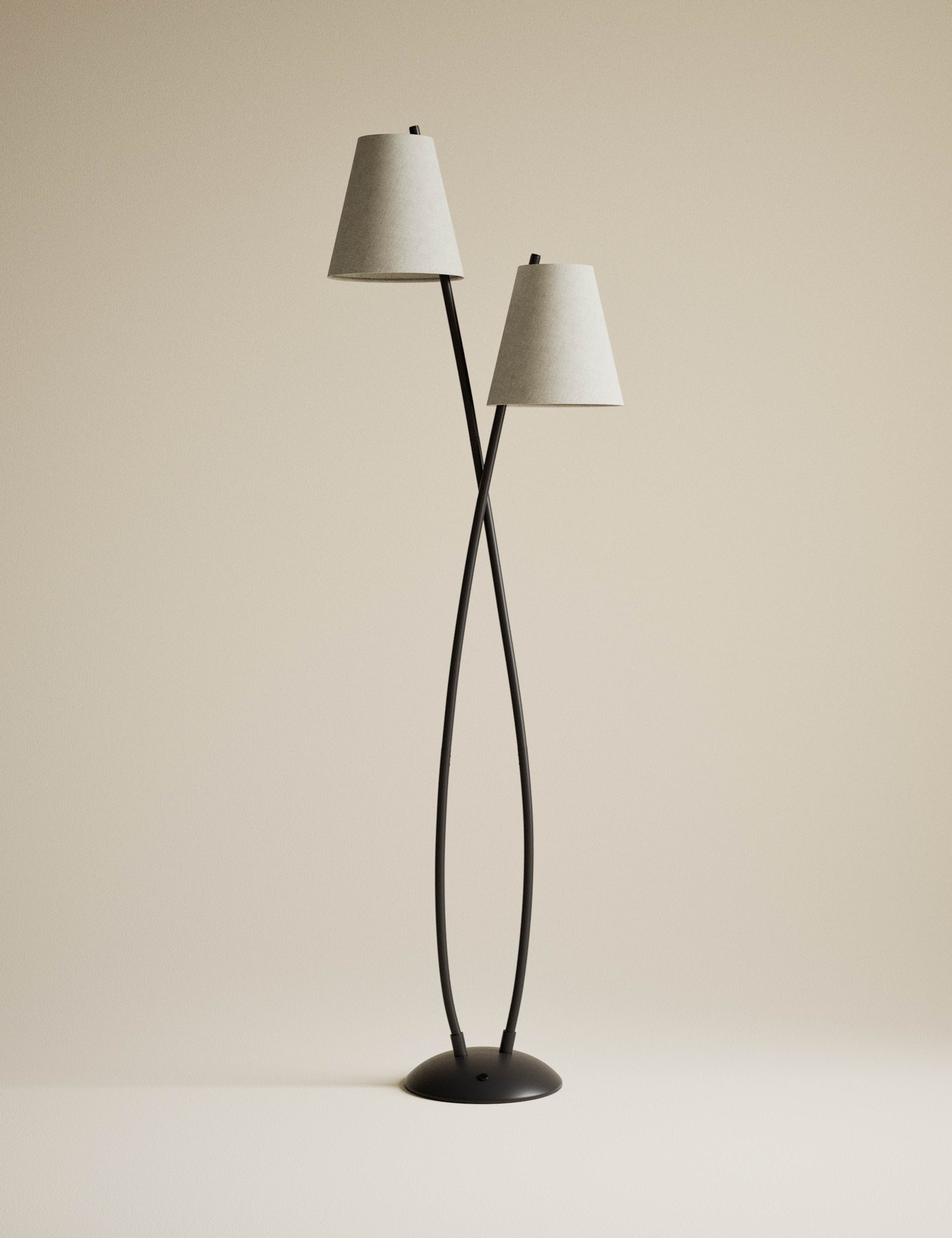Rechargeable curved double floor lamp with fabric shades, imported from the UK