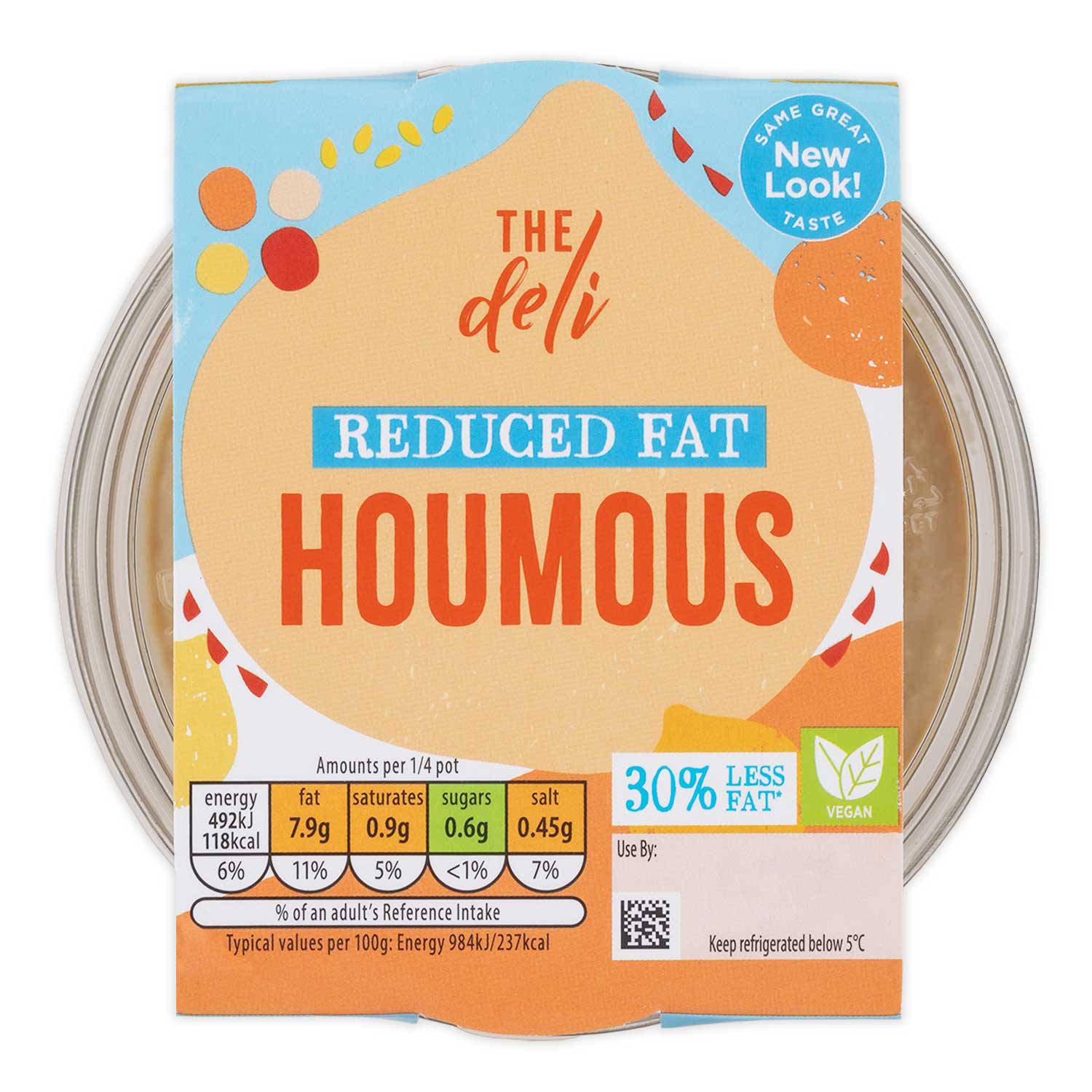Reduced fat houmous Greek style dip with chickpeas, imported from the UK