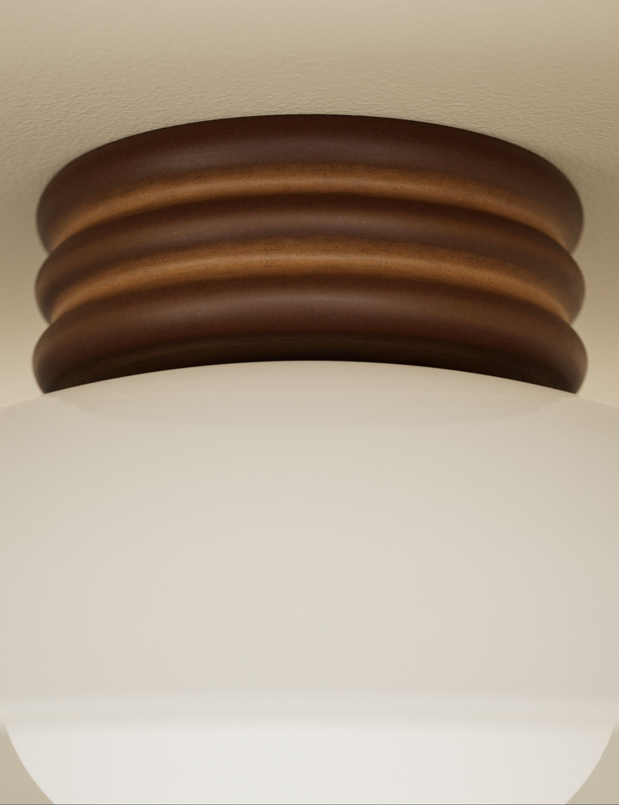 Retro wooden ribbed flush ceiling light with glass shade, imported from the UK