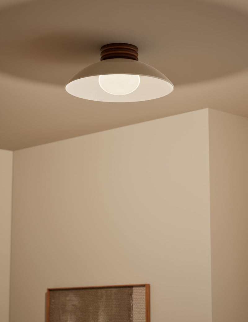 Retro wooden ribbed flush ceiling light with glass shade, imported from the UK