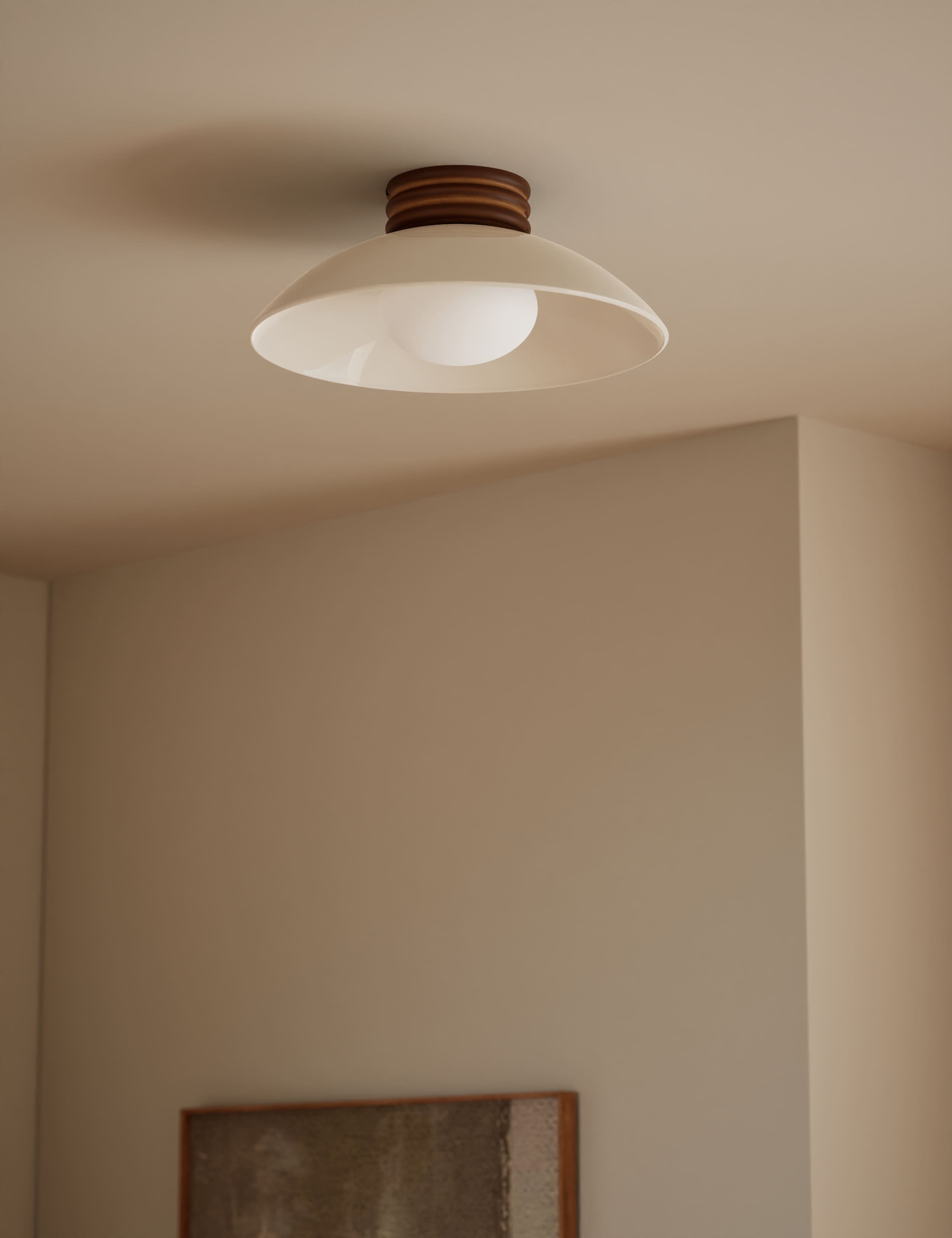 Retro wooden ribbed flush ceiling light with glass shade, imported from the UK