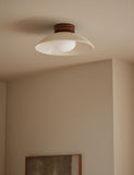 Retro wooden ribbed flush ceiling light with glass shade, imported from the UK