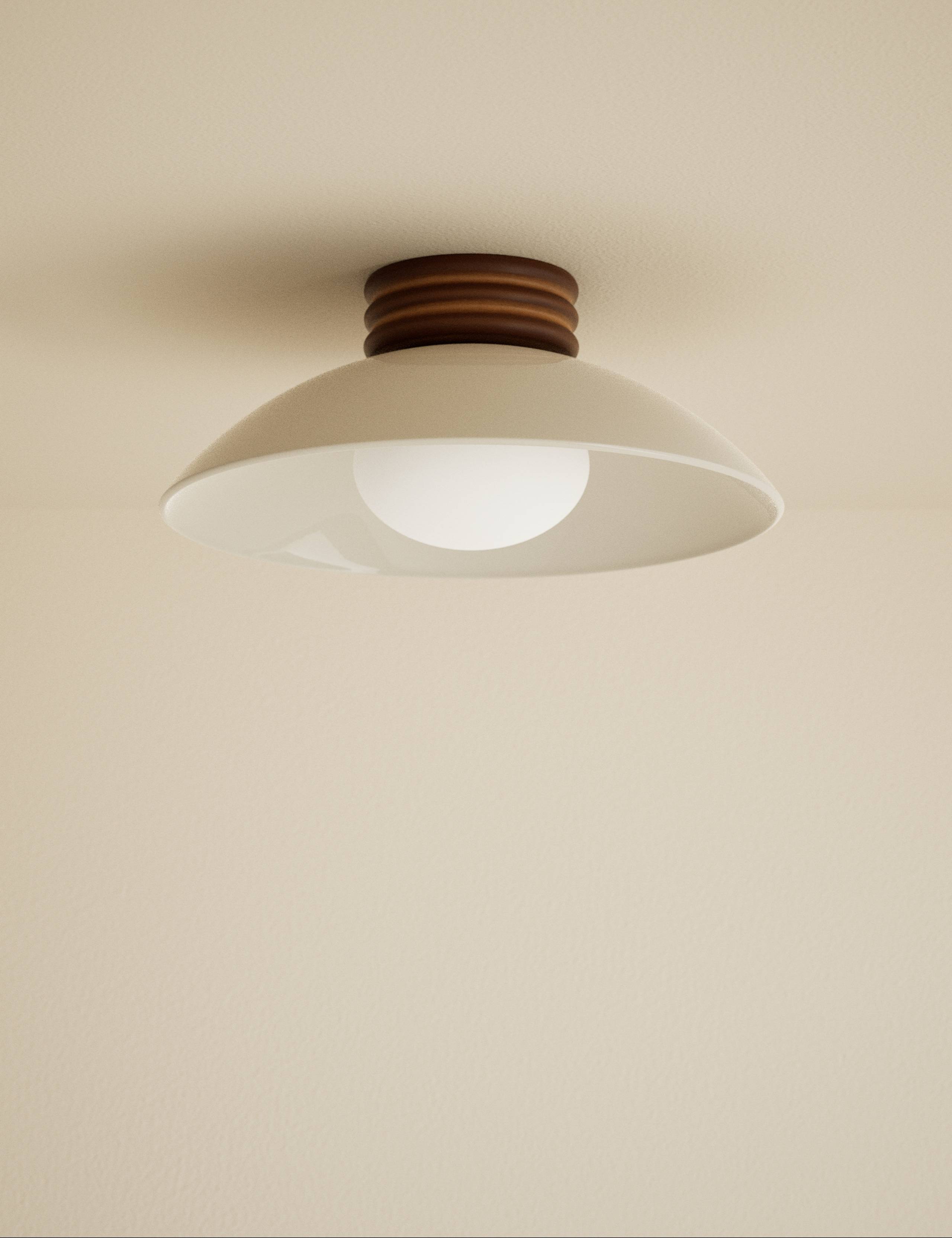 Retro wooden ribbed flush ceiling light with glass shade, imported from the UK