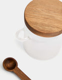 Ribbed glass sugar pot with wooden lid and teaspoon, imported from the UK