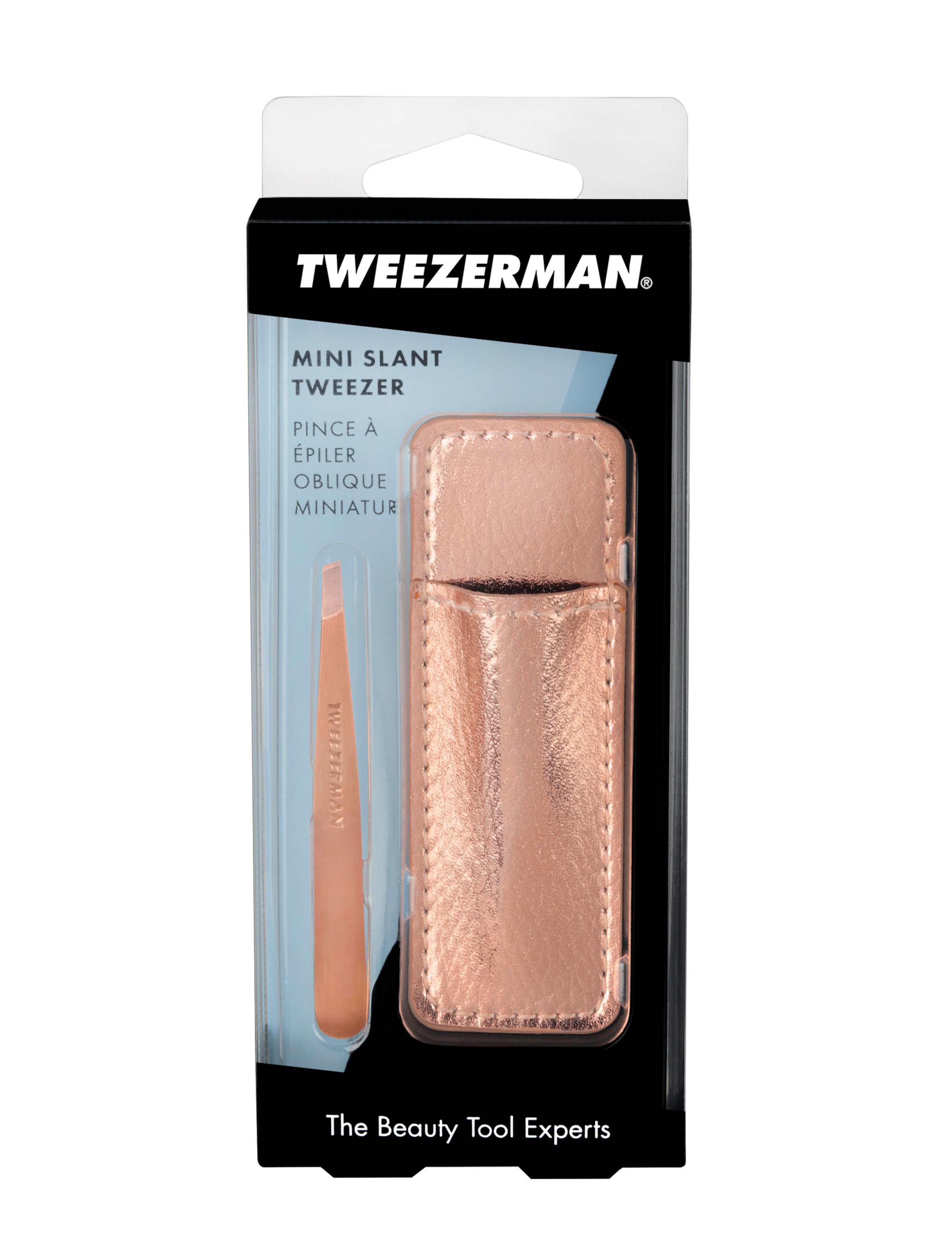 Mini slant tweezers rose gold with case (British brand)