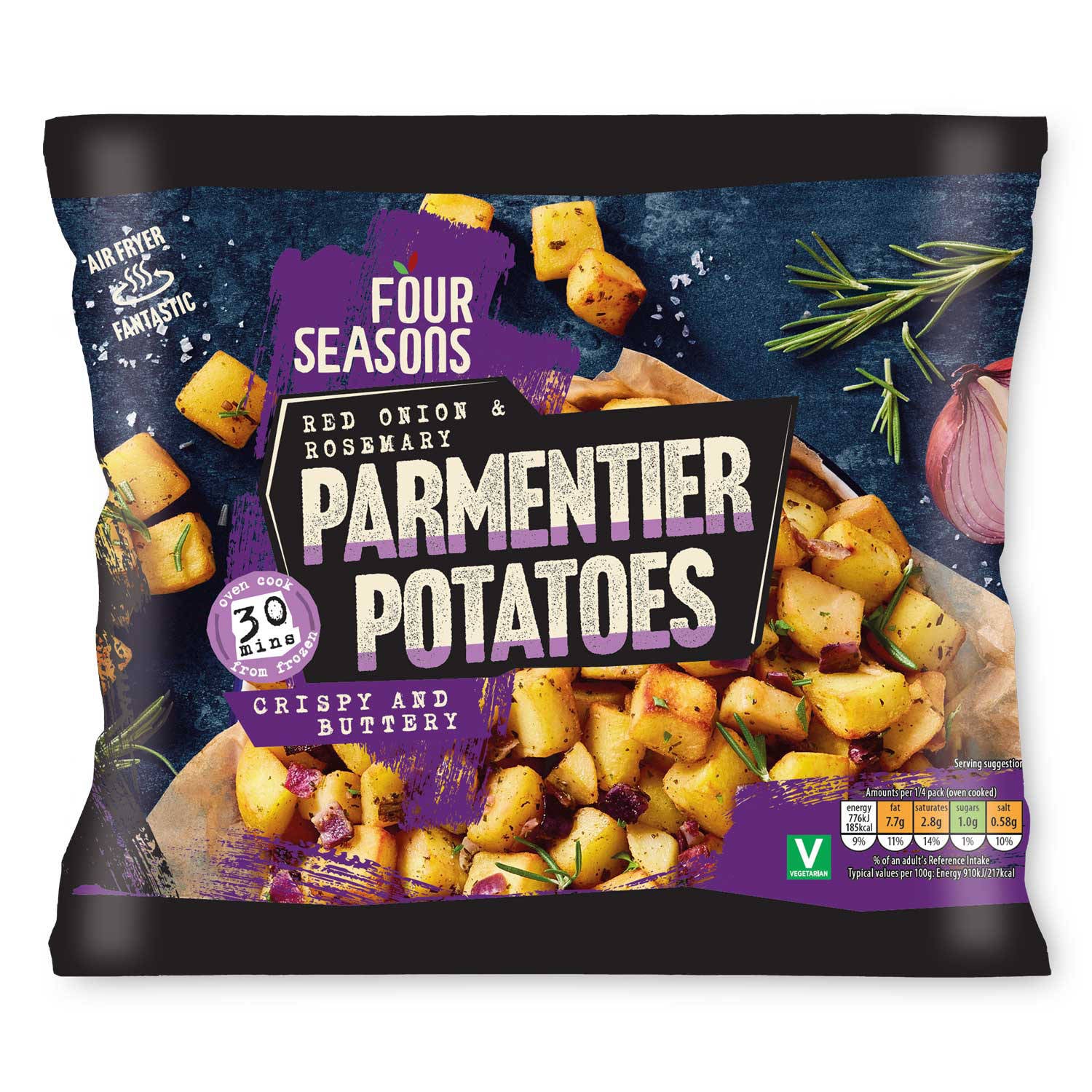 Loaded parmentier potatoes with rosemary and onion, imported from the UK