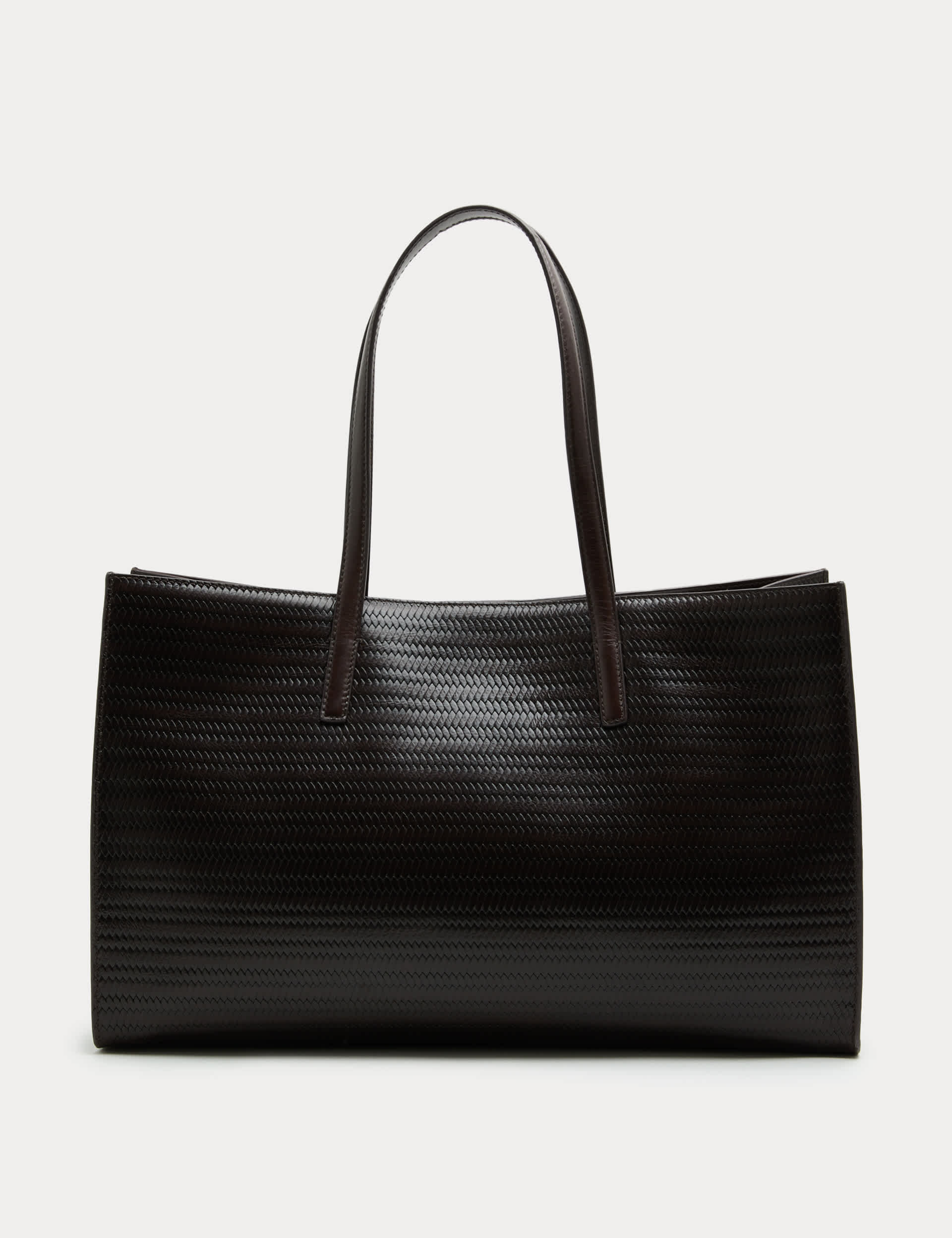 Autograph leather embossed tote bag, structured rectangular shape, UK version