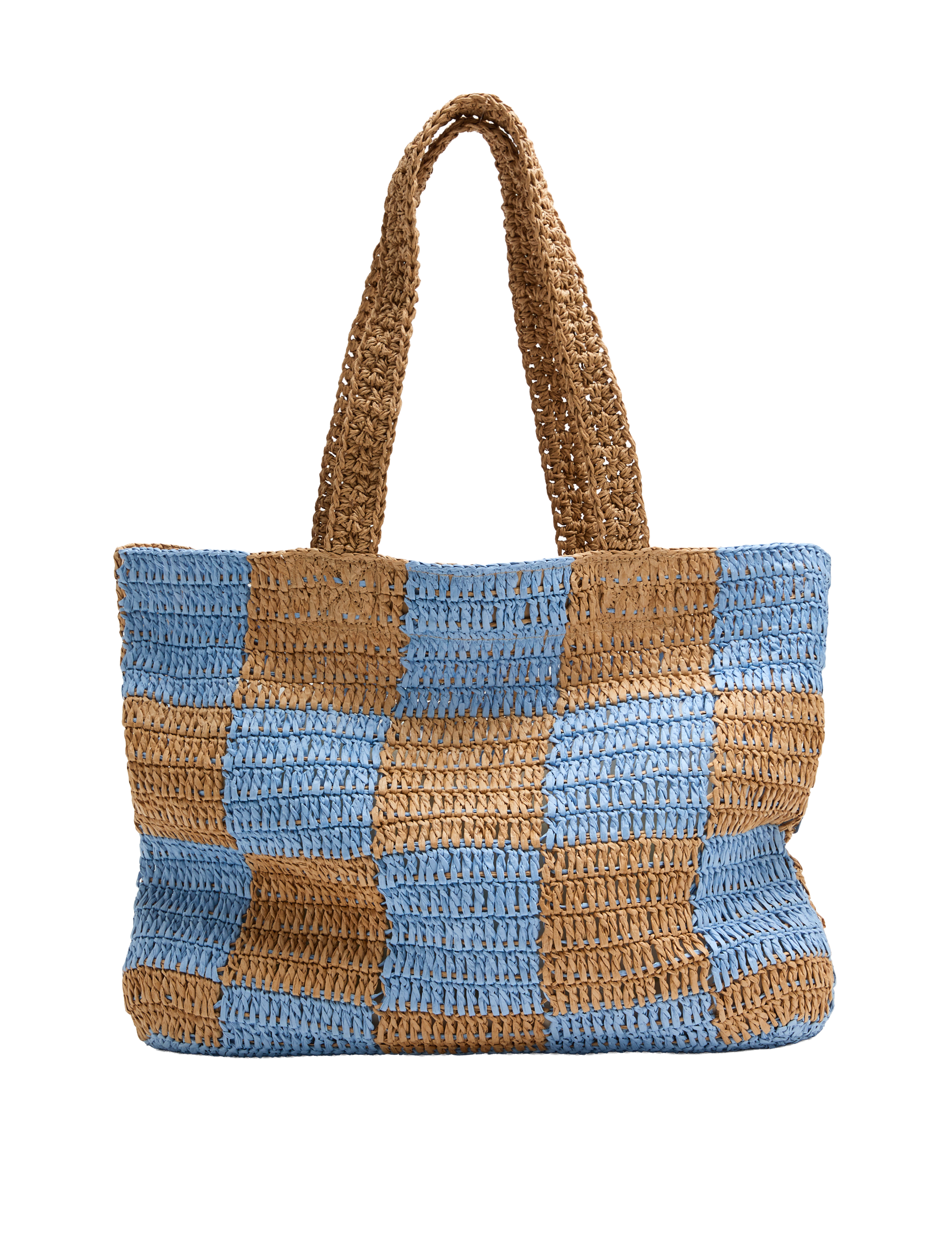 M&S straw checkerboard tote bag with drawstring fastening, UK version