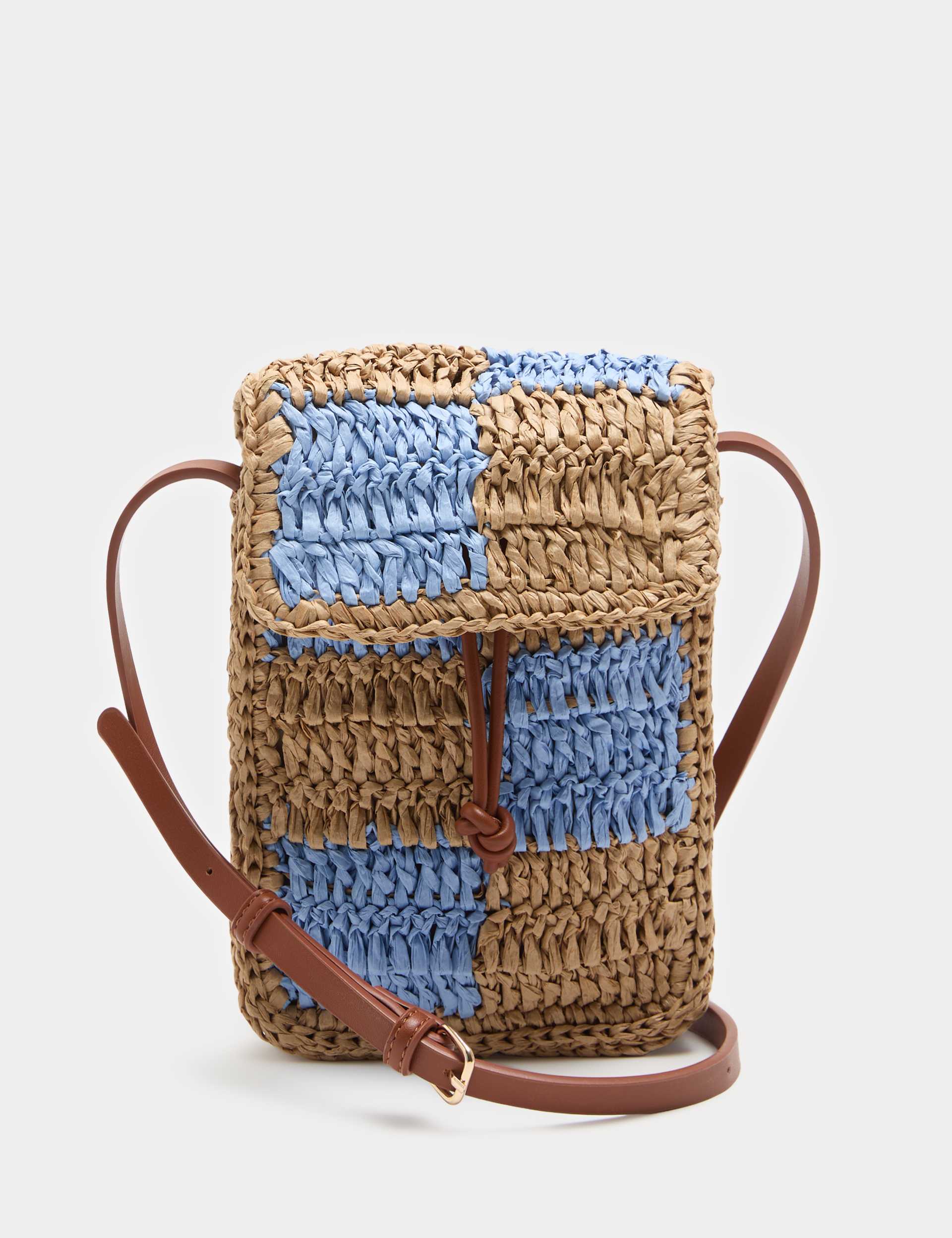M&S straw checkerboard cross body bag with adjustable strap, UK version
