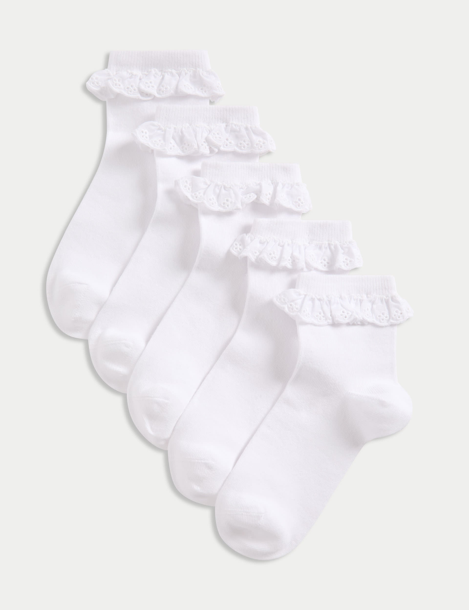 5 pack cotton rich broderie frill ankle socks (British brand)