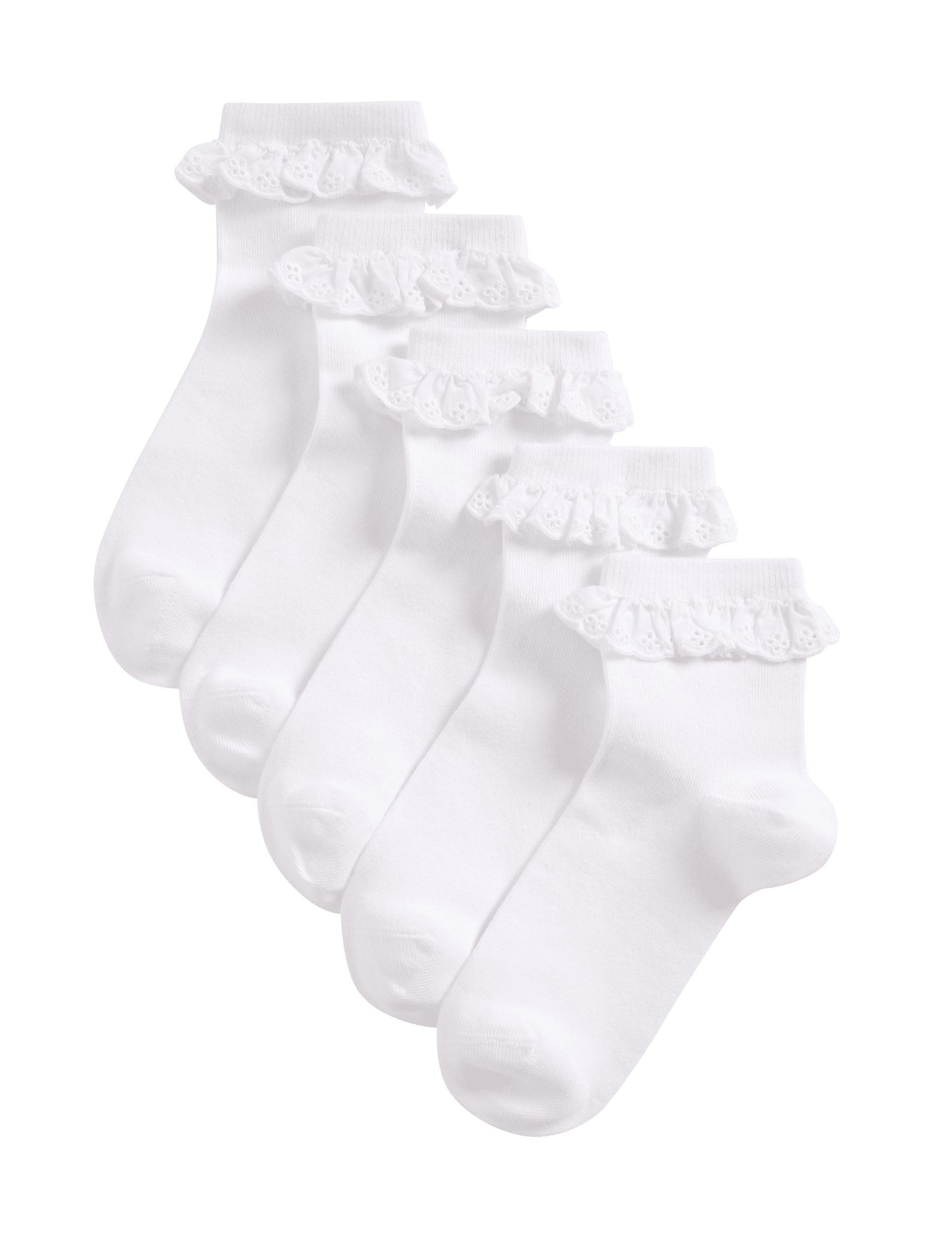 5 pack cotton rich broderie frill ankle socks (British brand)