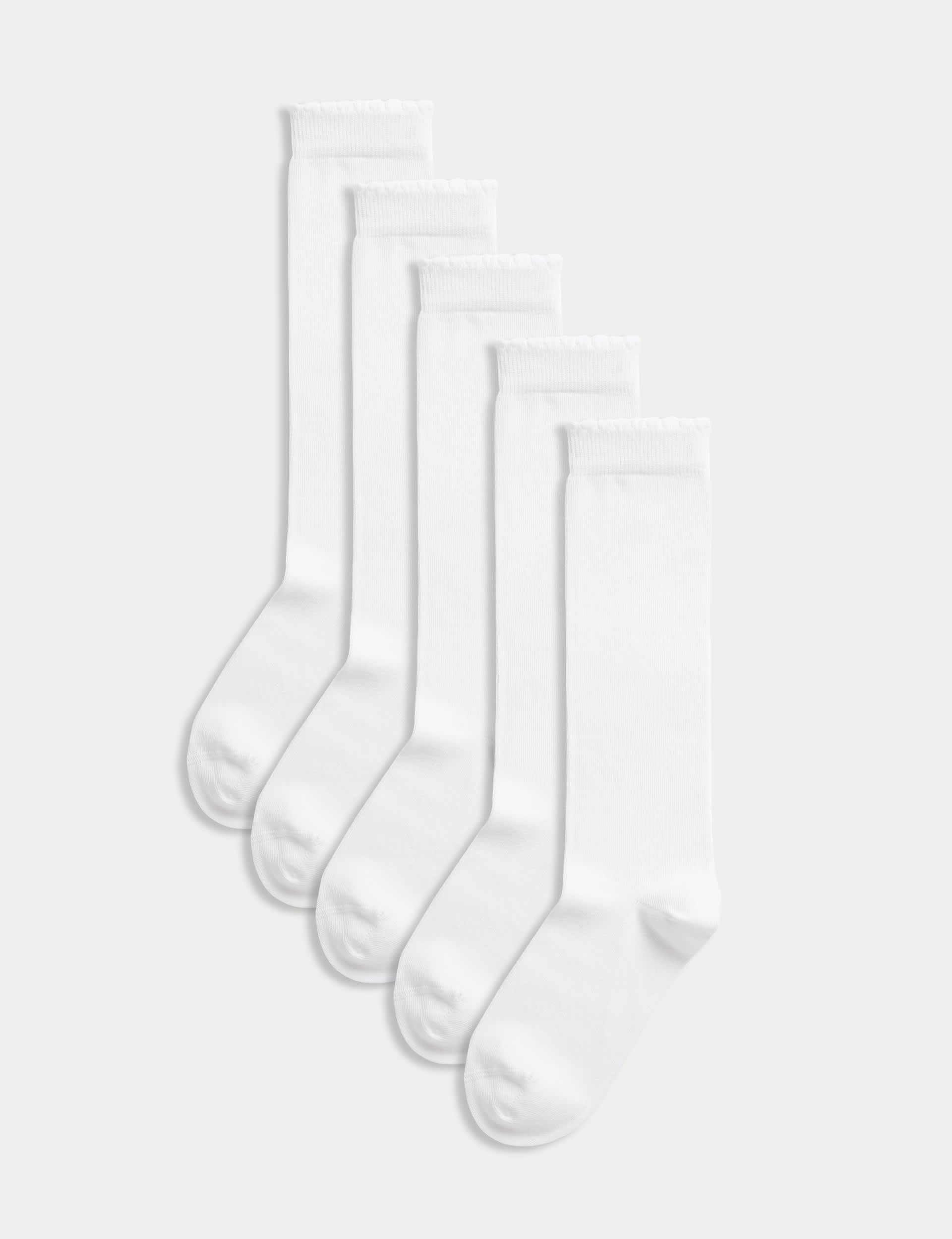 5 pack knee high socks with scalloped trim, imported from the UK