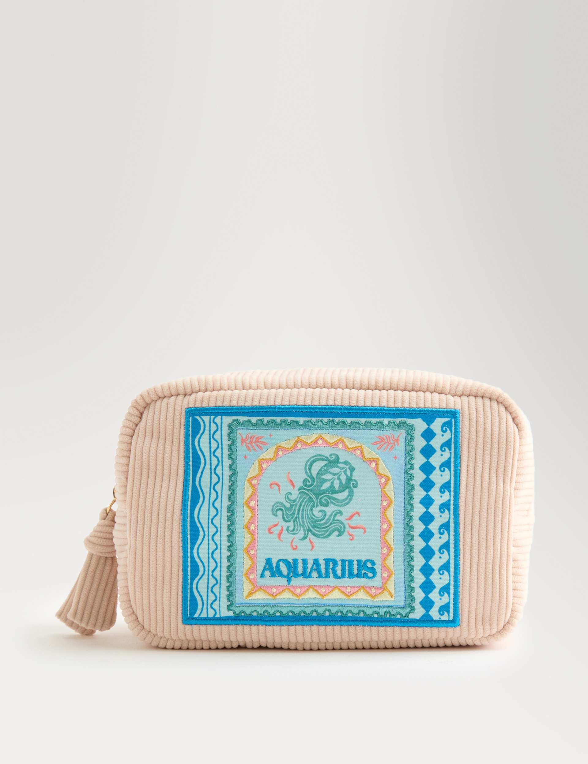 Spacious Aquarius Design Toiletry Bag with Embroidery and Tassel Pull
