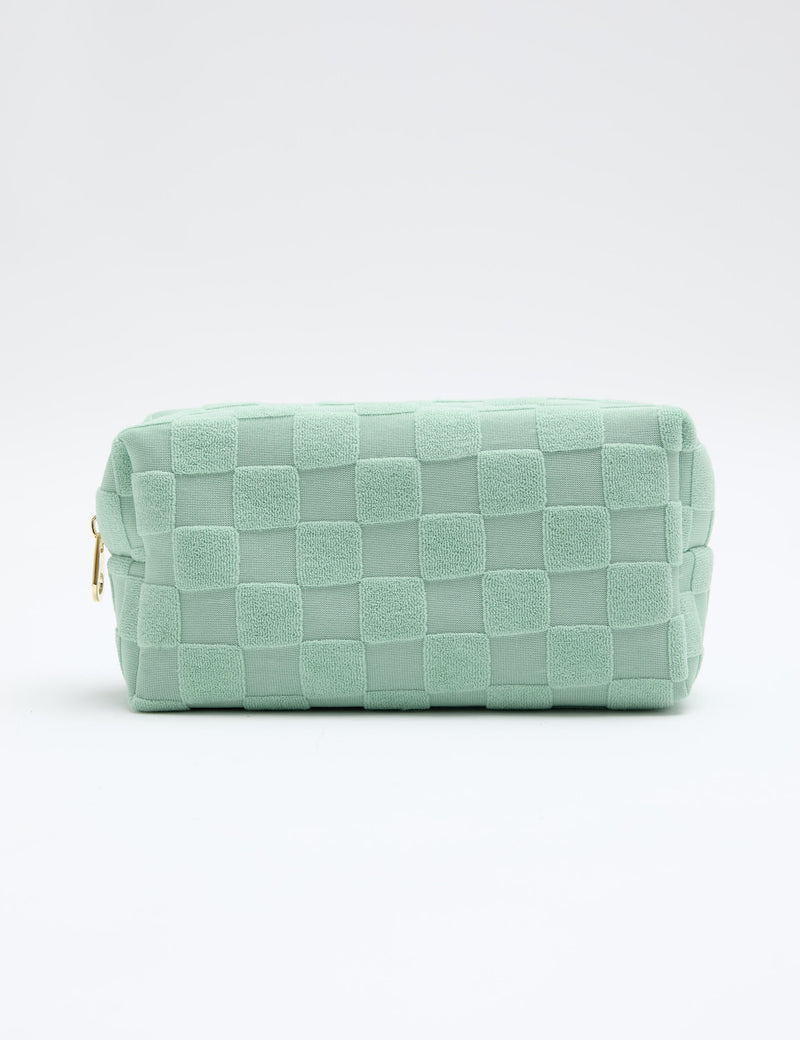 Towelling cosmetic bag with jacquard chequerboard pattern, UK version