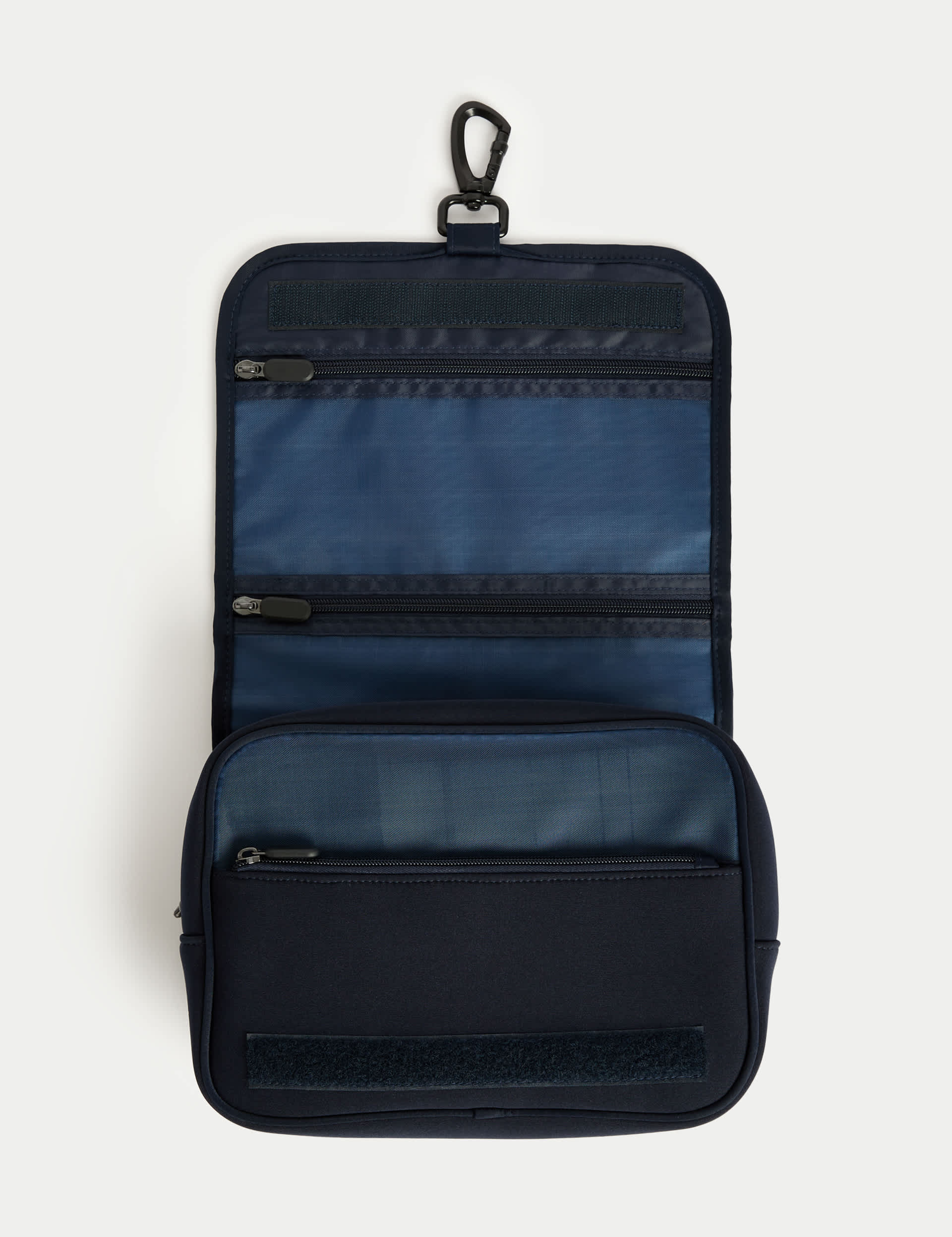Hanging toiletry bag with mesh pockets and hook, imported from the UK