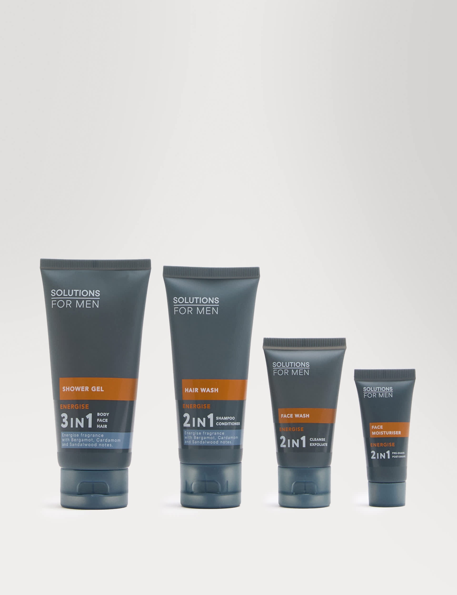 ENERGISE Discovery Set men's grooming kit with shower gel, hair wash, face wash, and moisturiser - British product