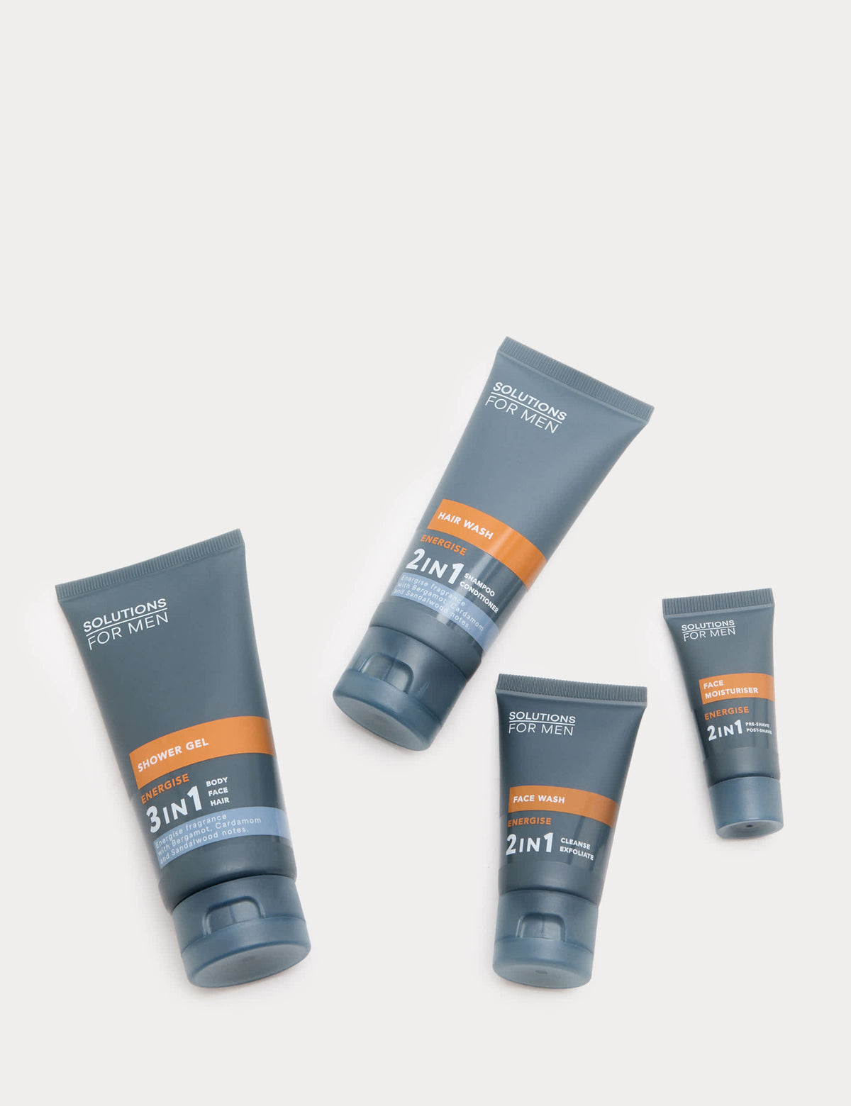 ENERGISE Discovery Set men's grooming kit with shower gel, hair wash, face wash, and moisturiser - British product