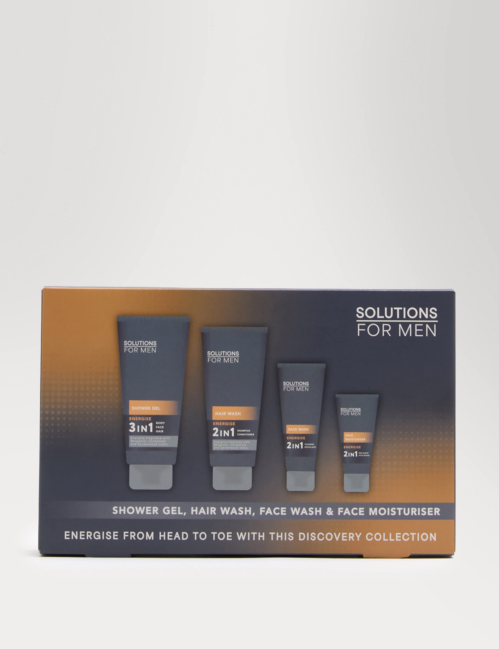 ENERGISE Discovery Set men's grooming kit with shower gel, hair wash, face wash, and moisturiser - British product