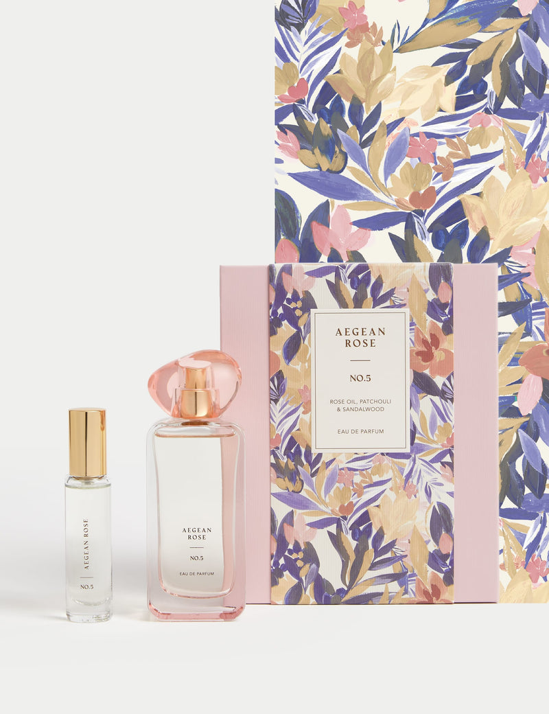 Aegean Rose eau de parfum set with 48ml and 9ml bottles, imported from the UK