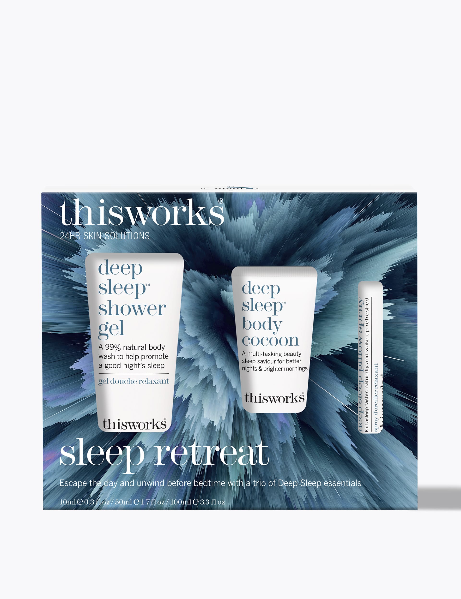 this works Sleep Retreat Kit with 50ml, 100ml, and 10ml sizes (British brand)
