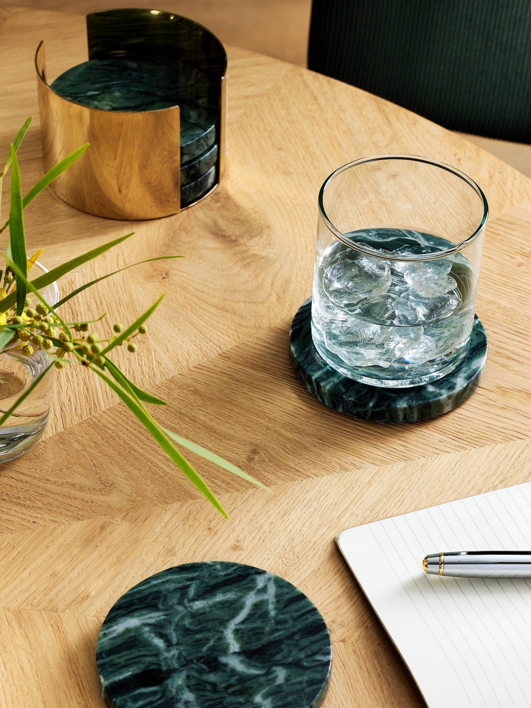 John Lewis green marble coasters set of 5 with gold holder, UK version