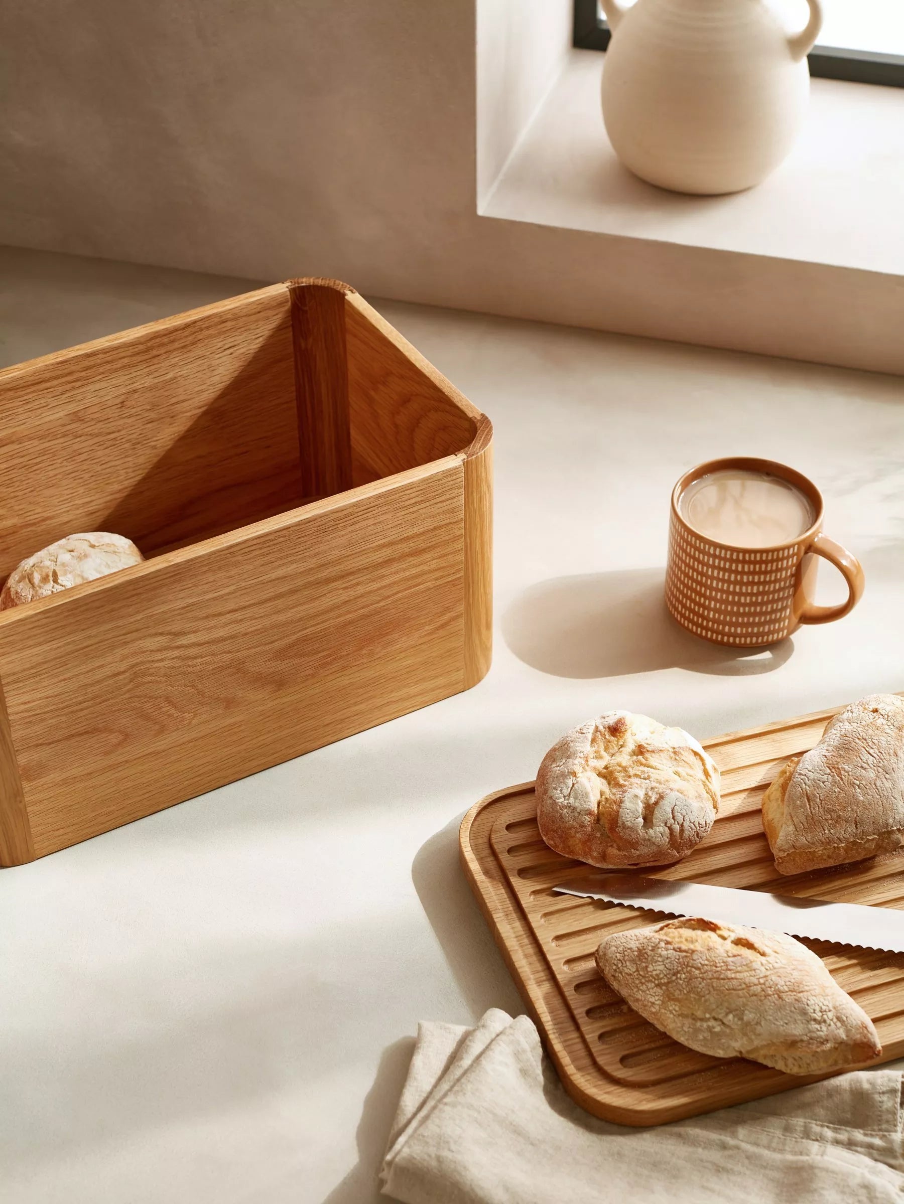 John Lewis oak bread bin with slicing board lid (British brand)