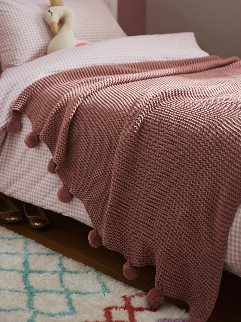 John Lewis cotton throw knitted pure cotton pom details, UK version