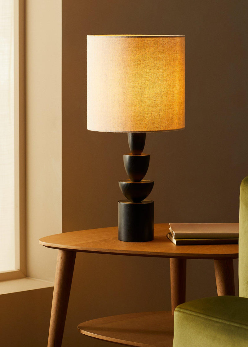 John Lewis stacked wooden table lamp with linen shade, imported from the UK