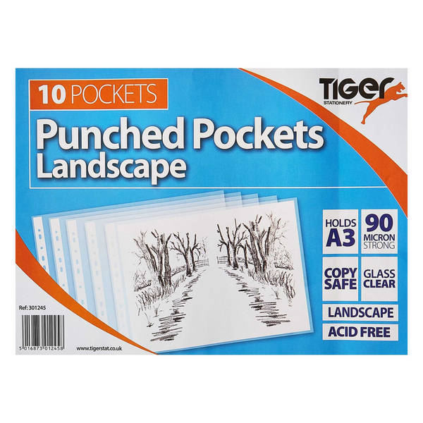 Tiger Stationery Landscape A3 Punched Pockets (Pack of 10)