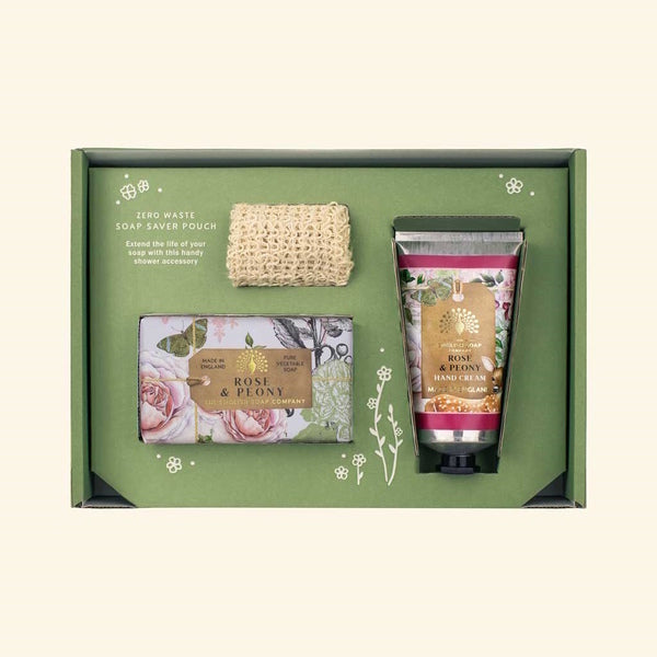 Hand and Body Care Trio Gift Set with Soap, Hand Cream, and Exfoliating Wash Pouch