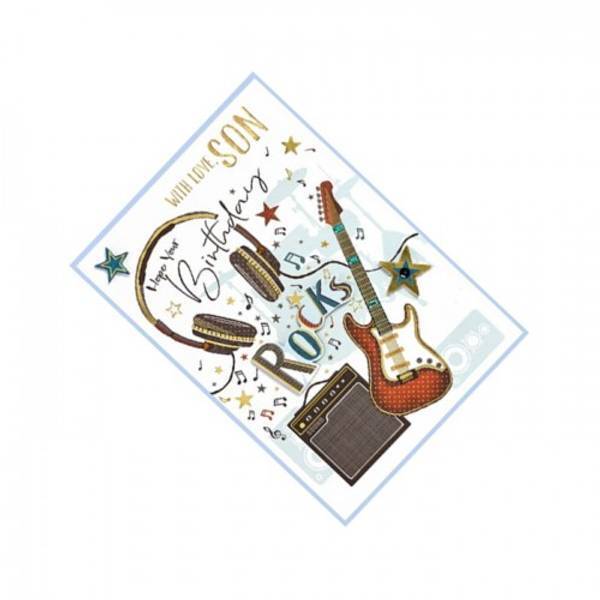 Birthday Card for Son Featuring Guitar, Headphones, and Radio Designs, Pack of 6 with Envelopes