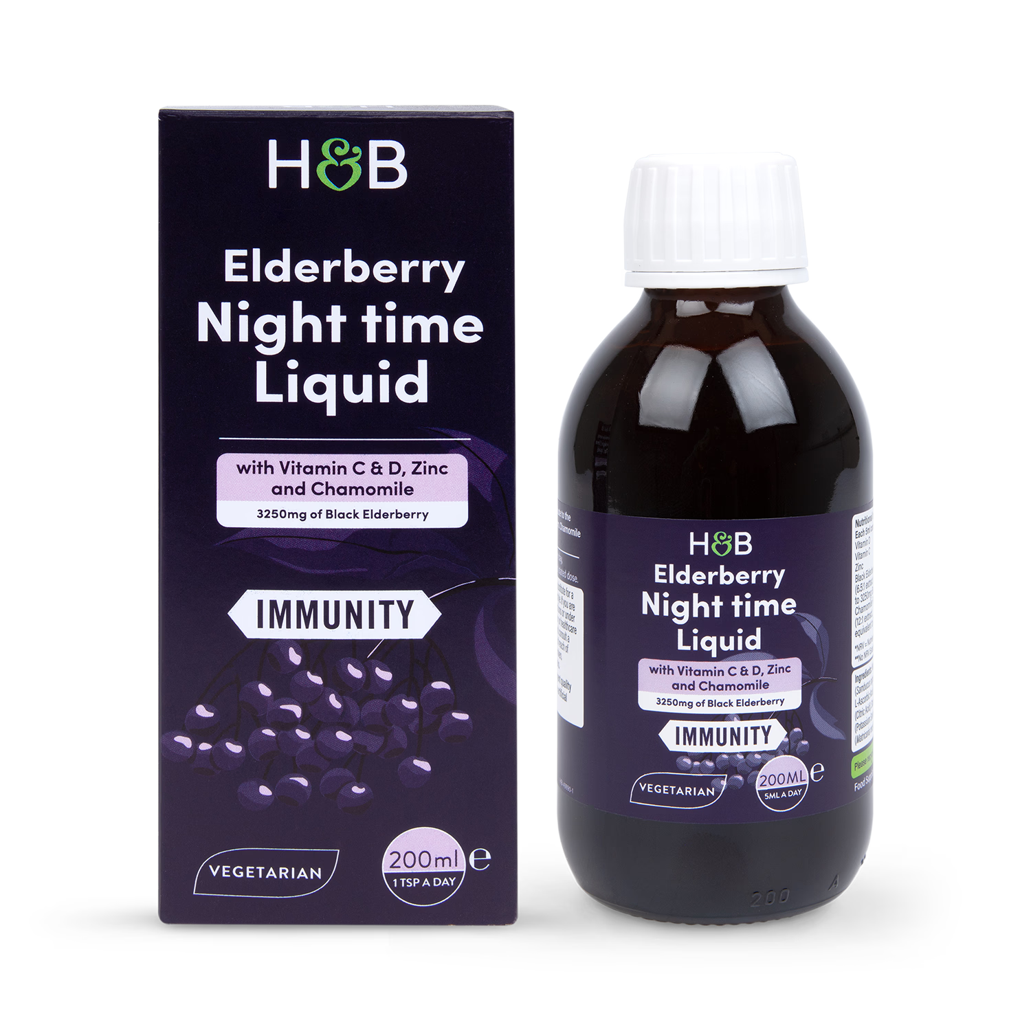 Elderberry Night-Time Immune Support Liquid with Vitamins C & D, Zinc and Chamomile 200ml