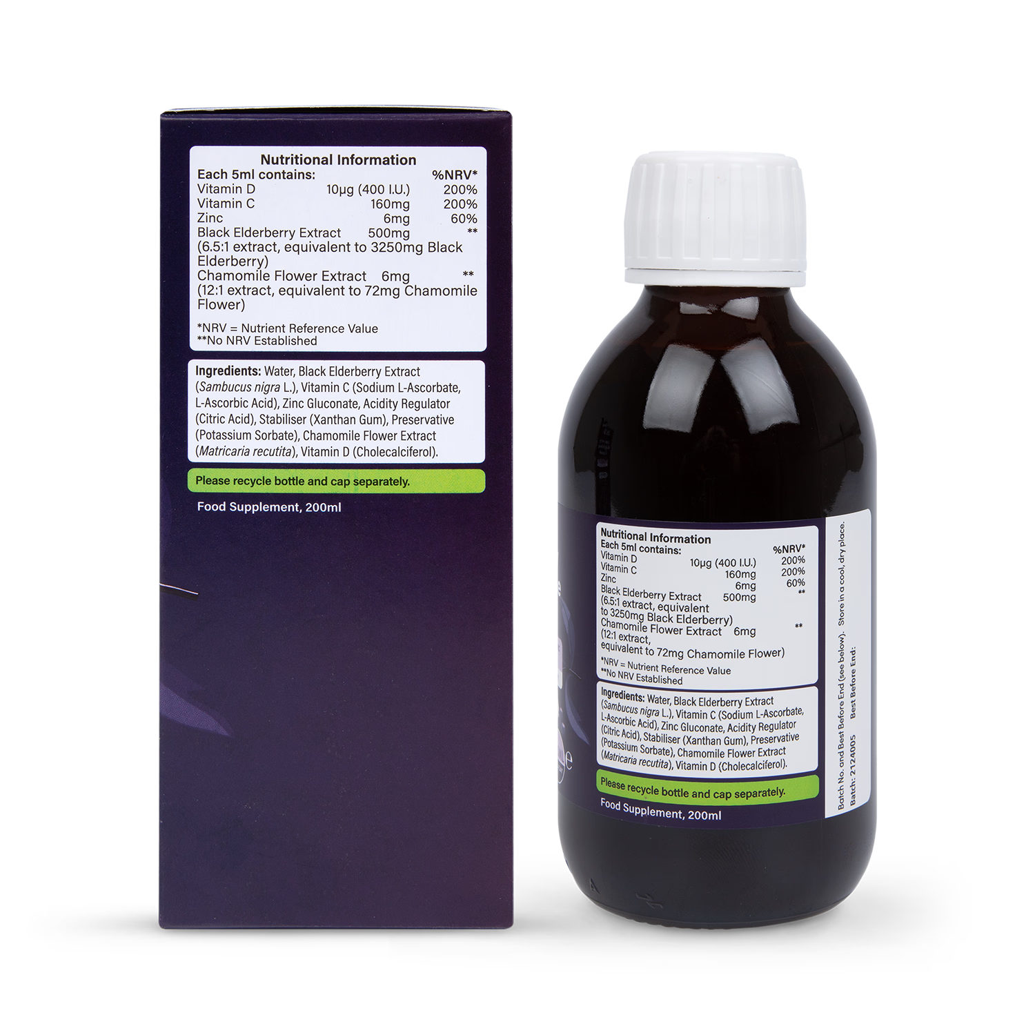 Elderberry Night-Time Immune Support Liquid with Vitamins C & D, Zinc and Chamomile 200ml
